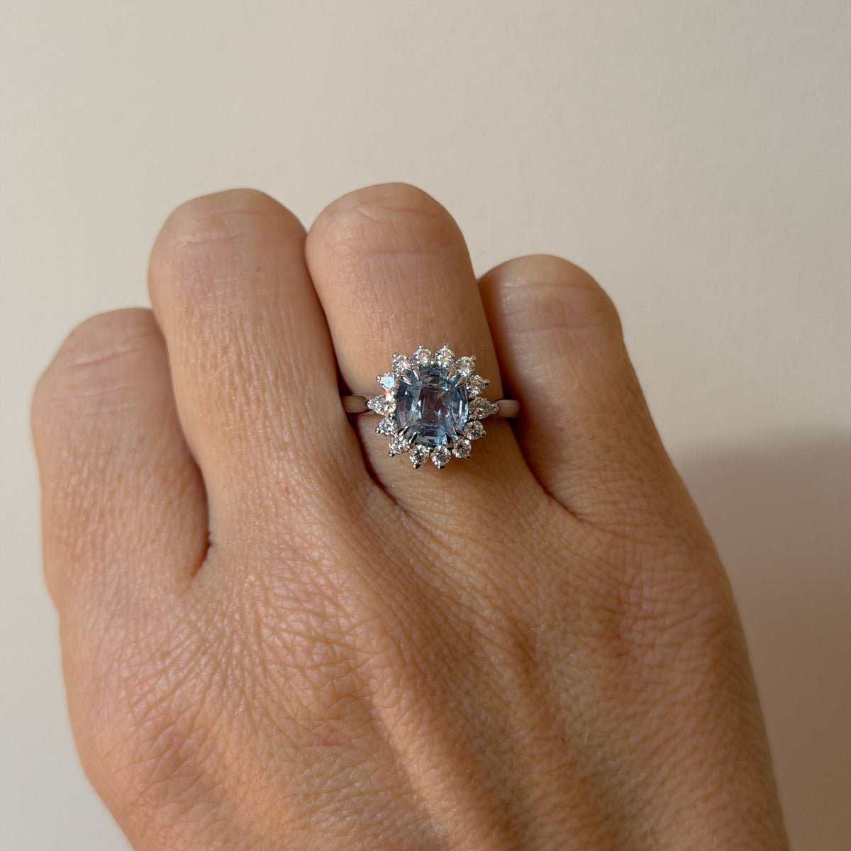 2.70CT LIGHT BLUE SAPPHIRE & DIAMOND HALO RING