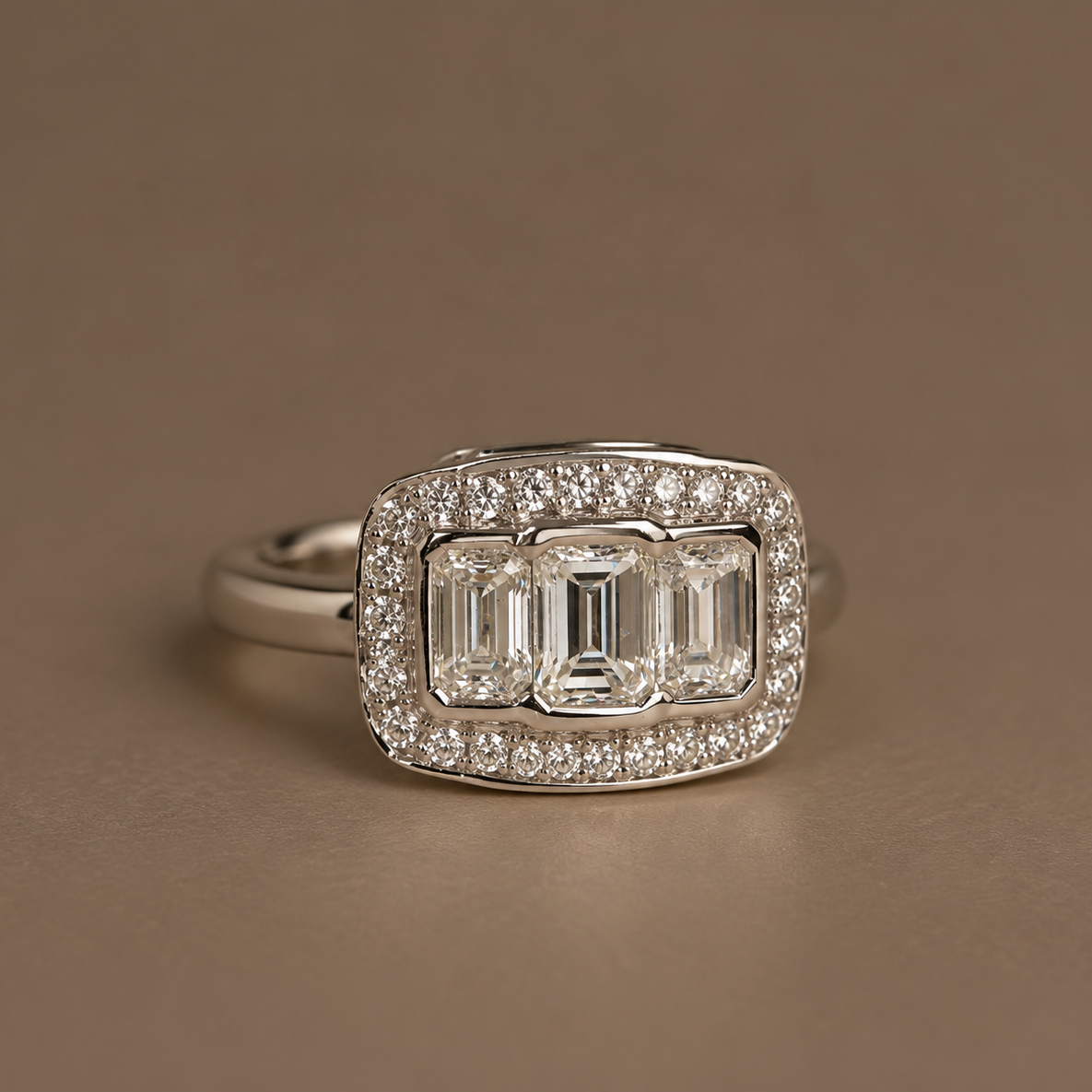 18CT WHITE GOLD EMERALD CUT DIAMOND HALO TRILOGY RING