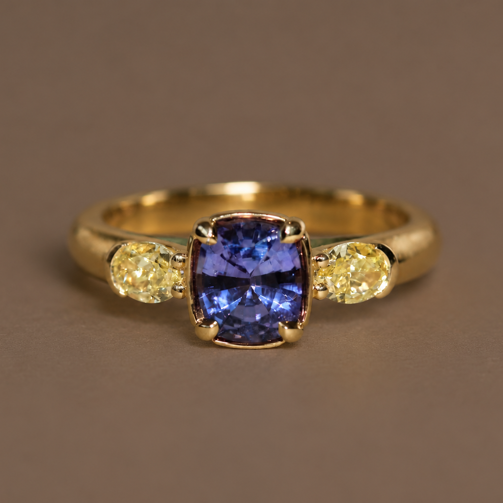 1.46CT VIOLET SPINEL & FANCY YELLOW DIAMOND TRILOGY RING