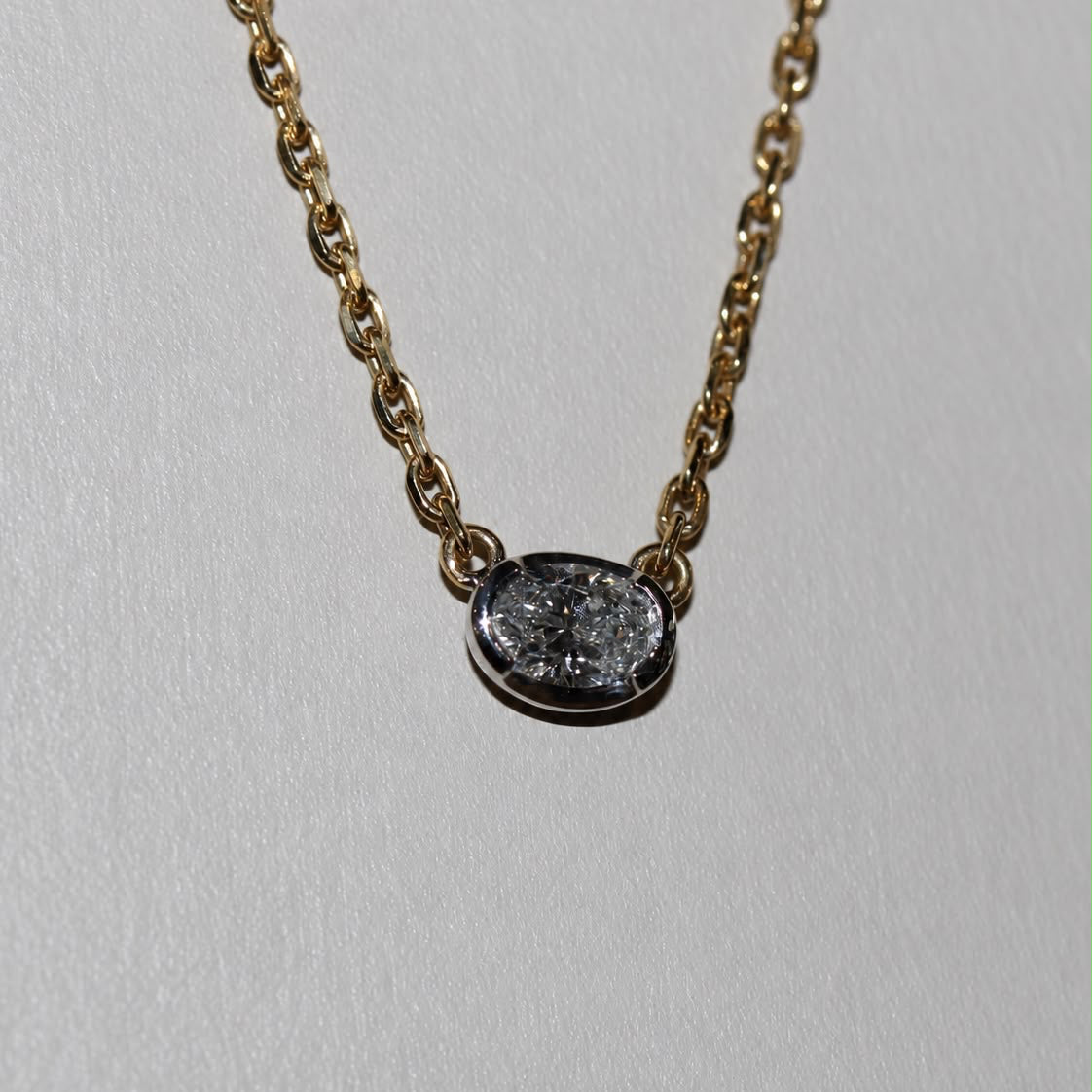 18ct Yellow & White Gold Oval Diamond Half-Bezel Pendant Necklace