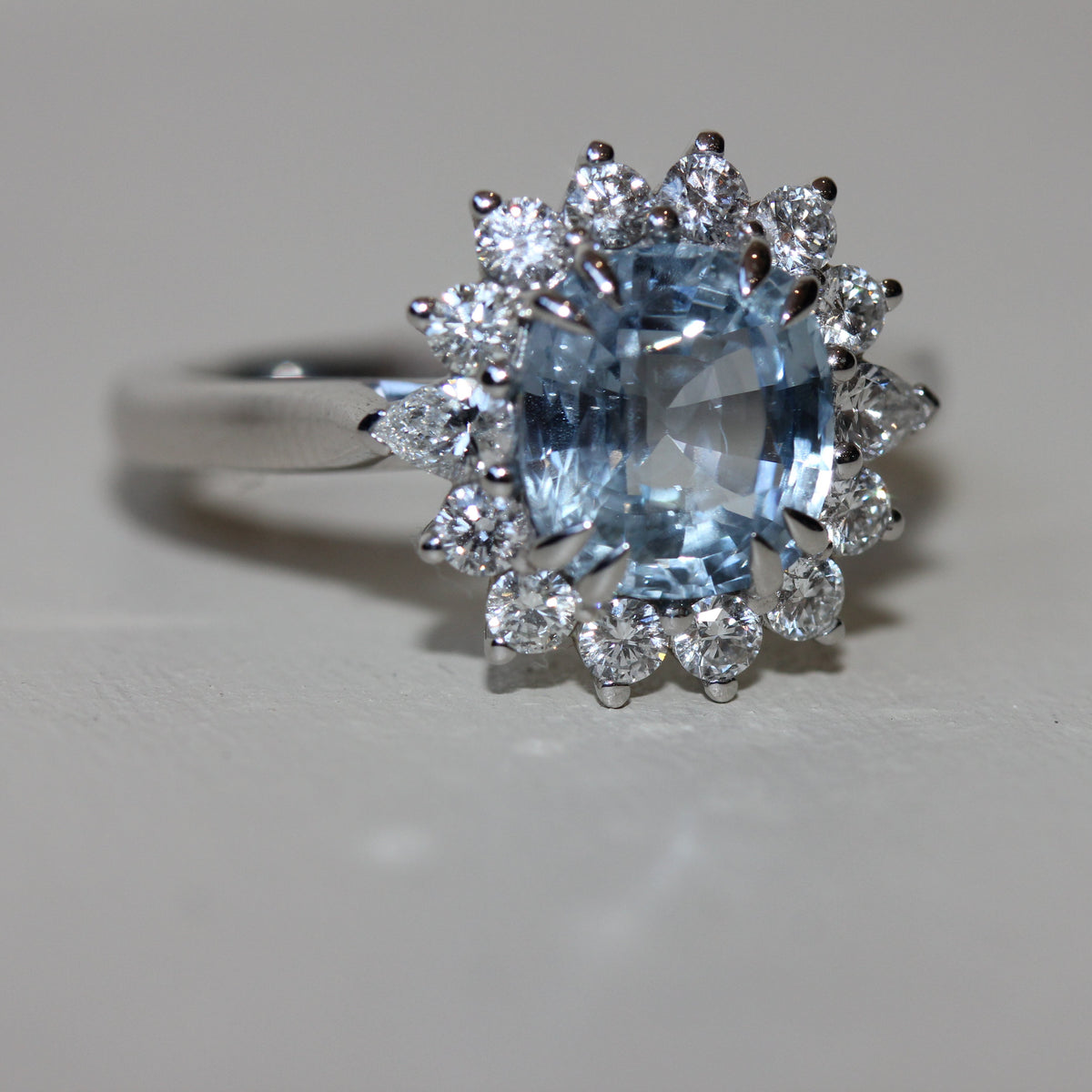 2.70CT LIGHT BLUE SAPPHIRE & DIAMOND HALO RING